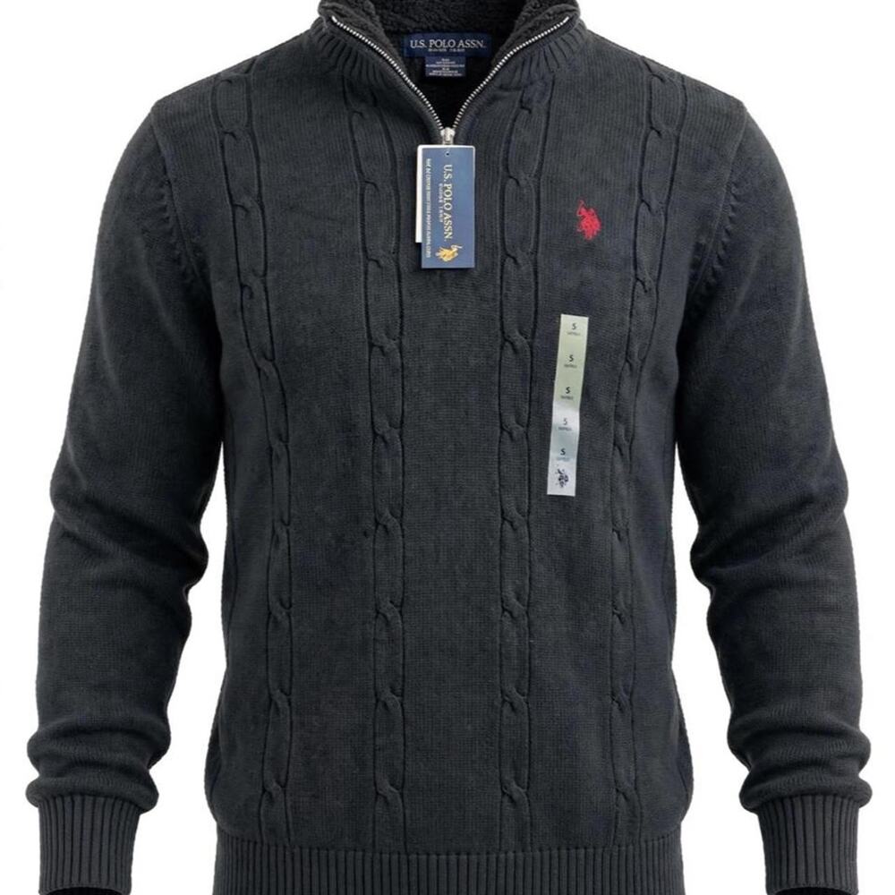 NWT U.S. Polo Assn. 1/4 Zip Sweater Mens S Cable Knit Fleece Lined Mock Neck